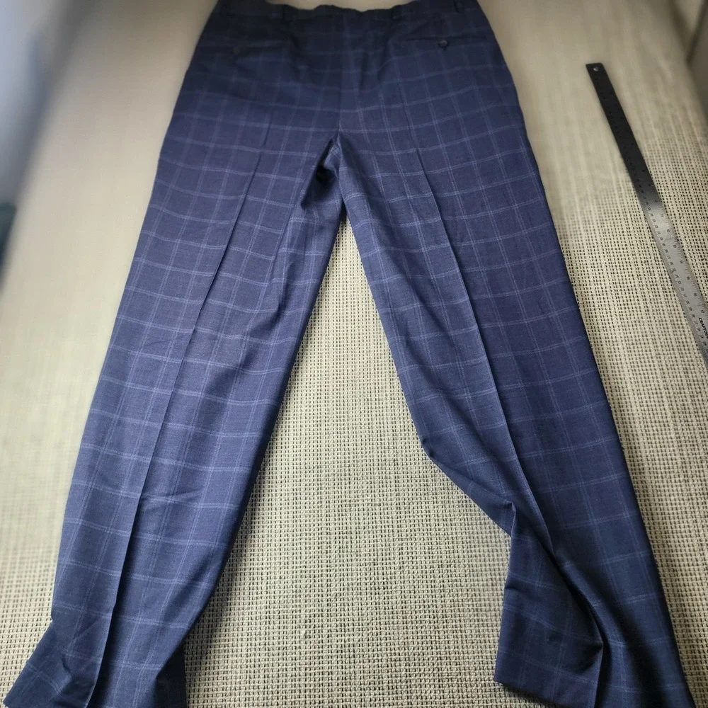 Brooks Brothers Dress Pants Mens 34 Blue Windowpane Plaid Wool Blend Flat Front